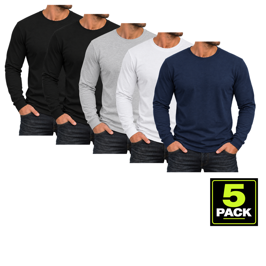 Men's 5 Pack Cotton-Blend Long Sleeve T-Shirts in 2 Black, Heather Grey, White, Navy — 2 Black / Heather Grey / White / Navy