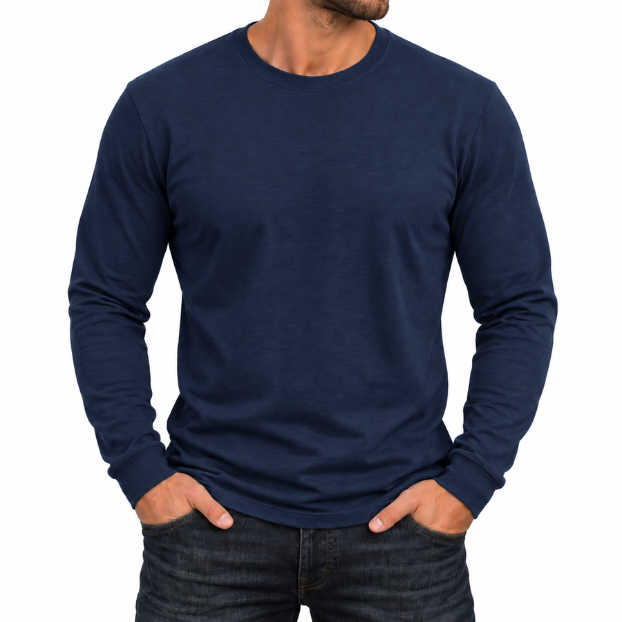 Men's Cotton-Blend Long Sleeve Crew Neck T-Shirt — Navy