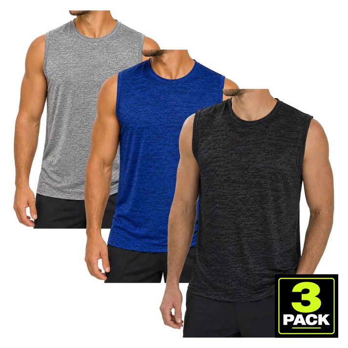 Men's 3-Pack Space Dye Moisture-Wicking Sleeveless Muscle Tee - Black / Grey / Blue