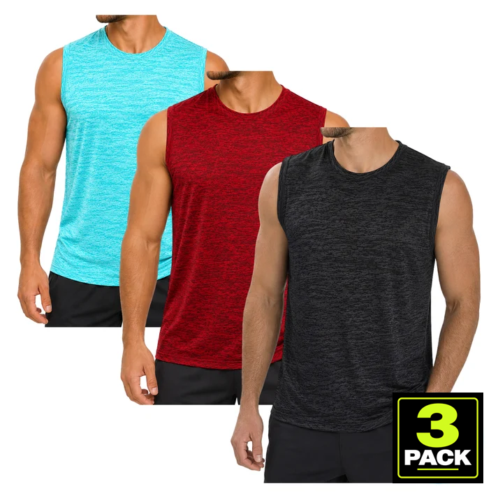 Men's 3-Pack Space Dye Moisture-Wicking Sleeveless Muscle Tee - Black / Red / Aqua