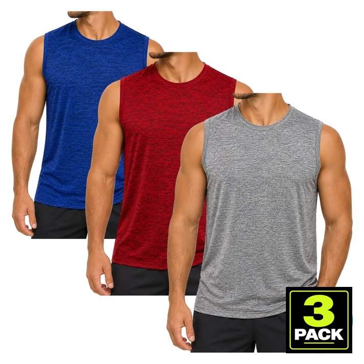 Men's 3-Pack Space Dye Moisture-Wicking Sleeveless Muscle Tee - Grey / Red / Blue