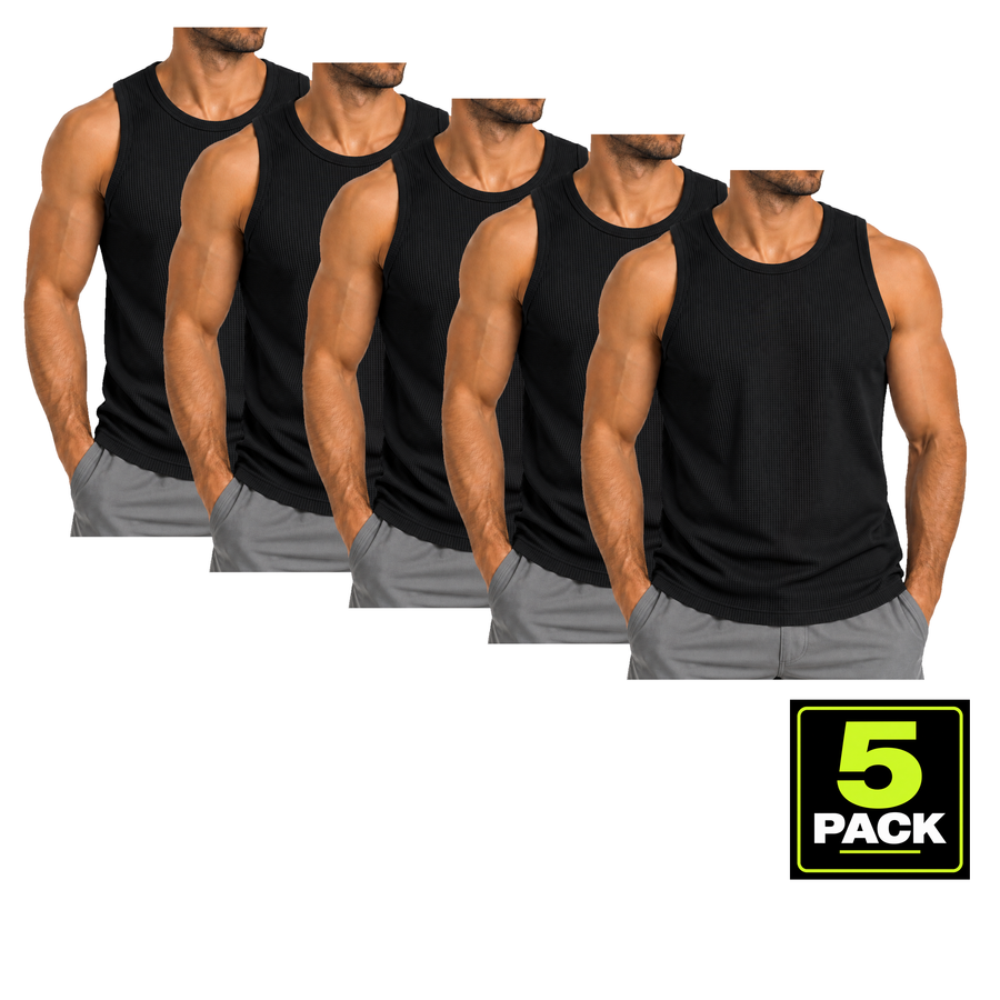 Men's 5 Pack Micro Waffle Knit Heavyweight Sleeveless Tank Top — Black