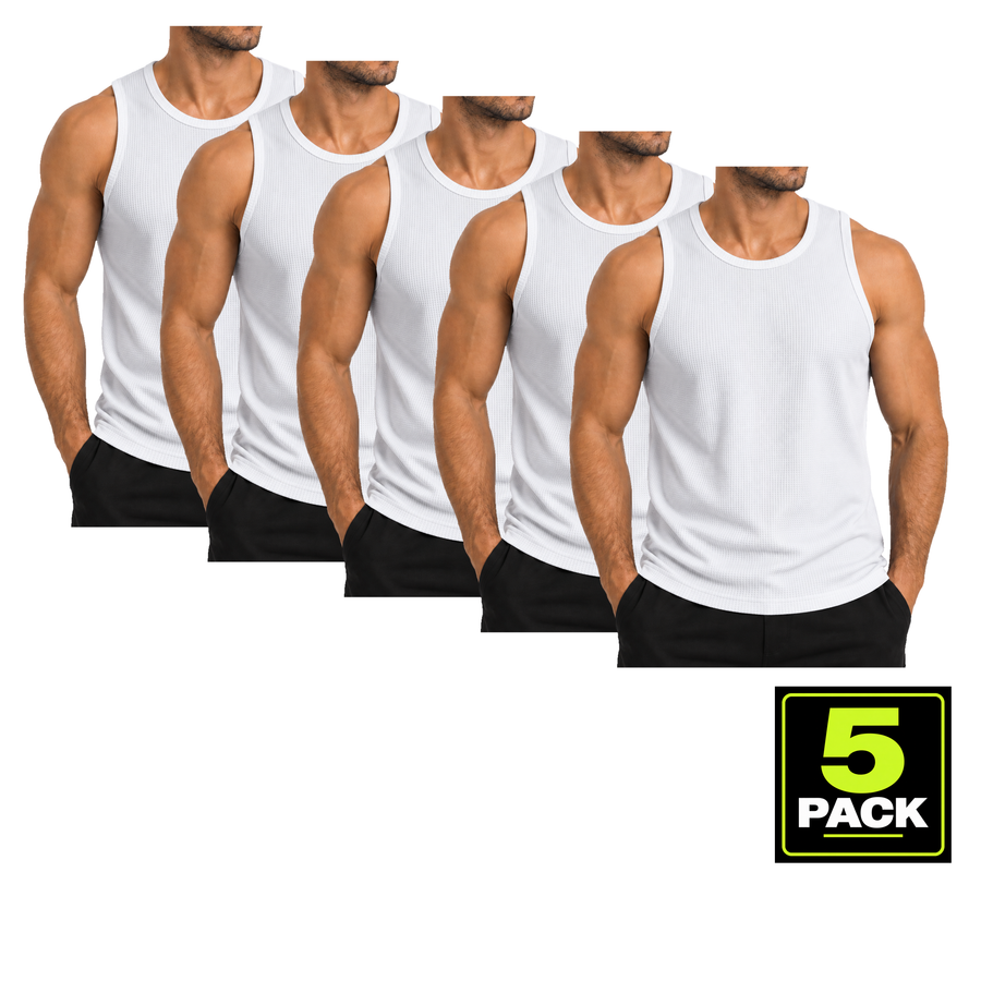 Men's 5 Pack Micro Waffle Knit Heavyweight Sleeveless Tank Top — White