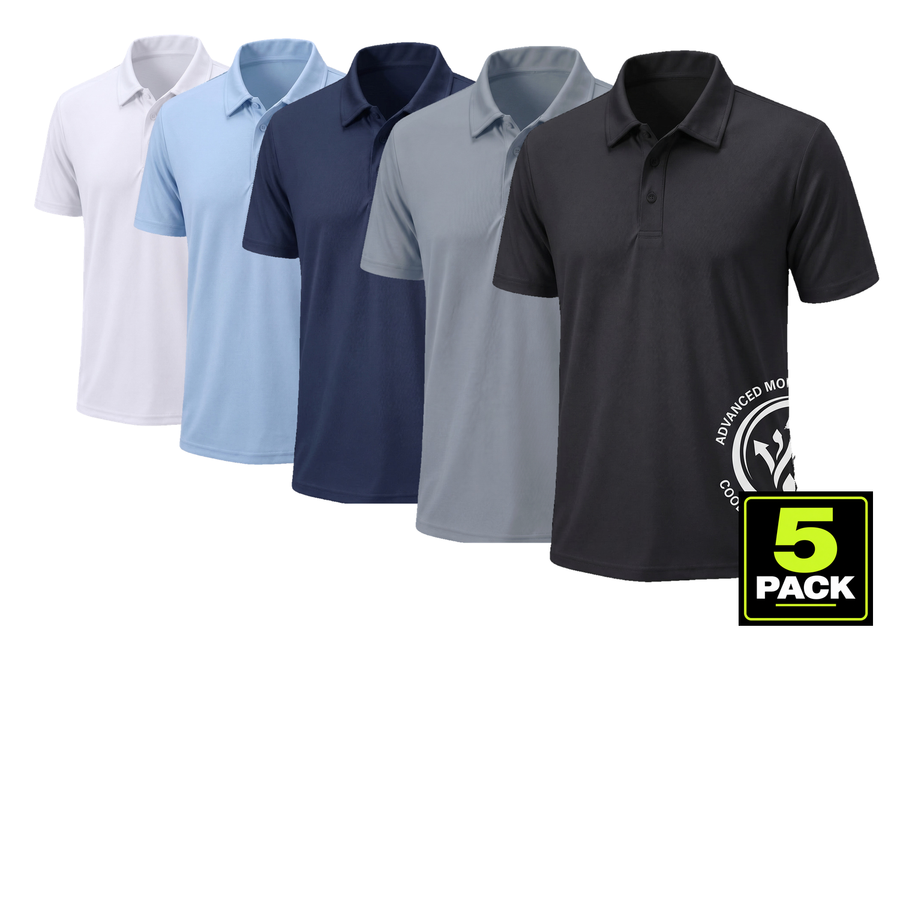 Men's 5-Pack Dri-Fit Polo Shirt — Black, Heather Grey, Navy, Light Blue & White