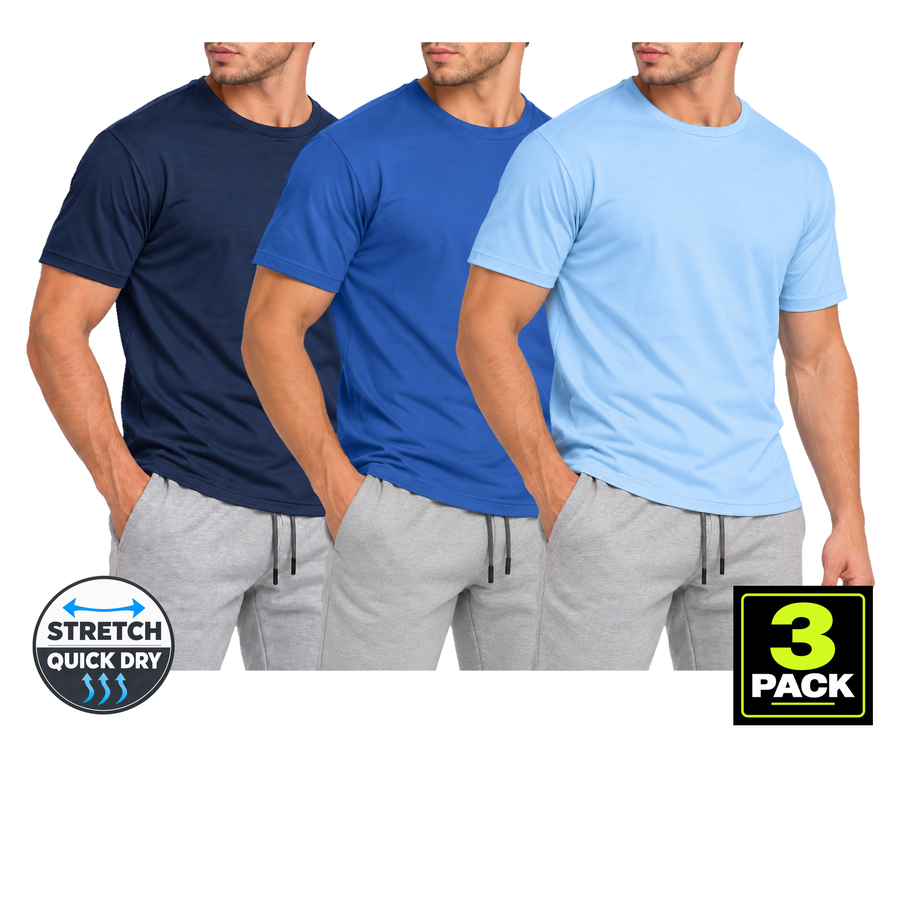 Men's 3-Pack Active Performance Crew Neck T-Shirt — Navy / Royal Blue / Light Blue