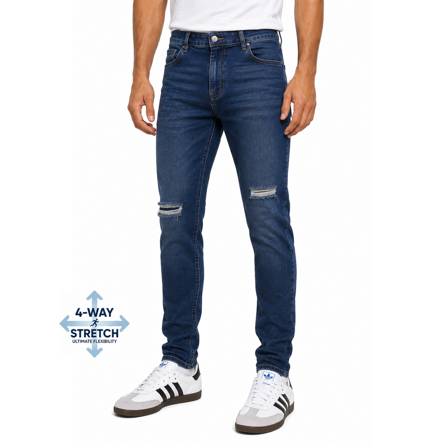 Men's Stretch Slim Fit Ripped Jeans — Dark Blue Wash