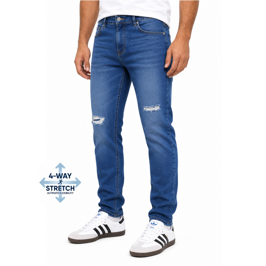 Men's Stretch Slim Fit Ripped Jeans — Medium Blue Wash