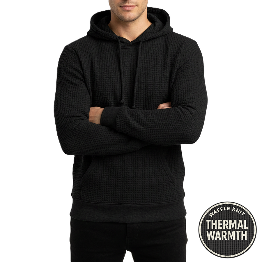 Men's Waffle-Knit Thermal Pullover Hoodie — Black