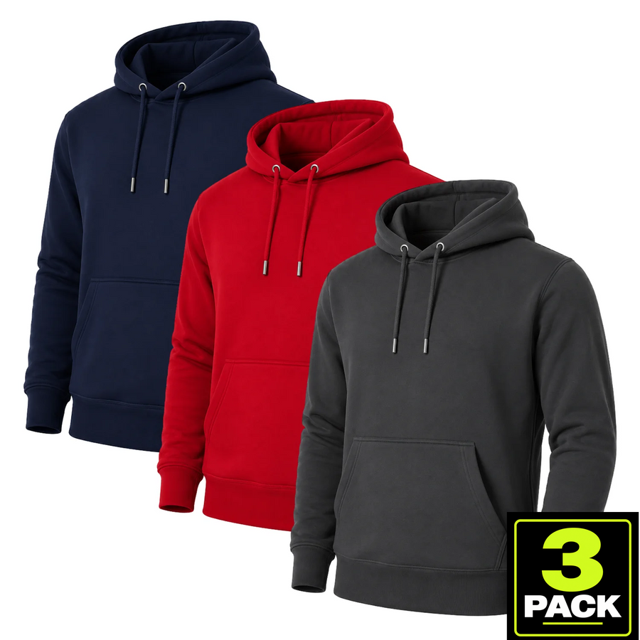Men's 3-Pack Heavyweight Soft Fleece Pullover Hoodie — Navy / Red / Charcoal