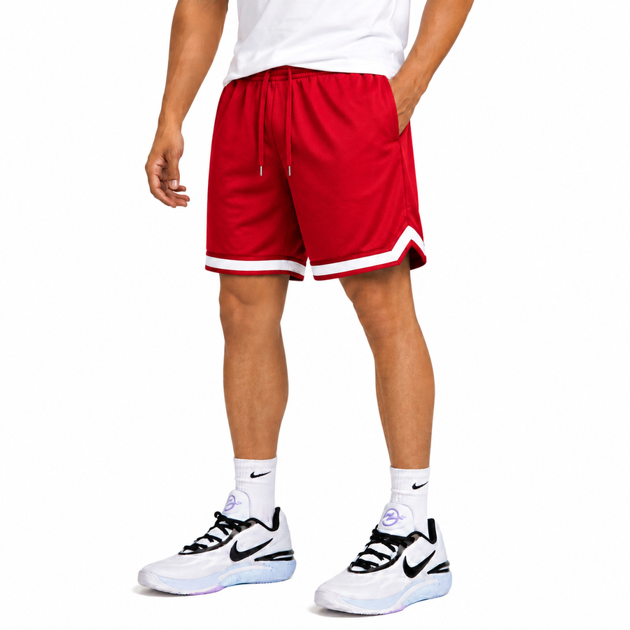 Men's Mesh Athletic Shorts With White Trim & Pockets — Red