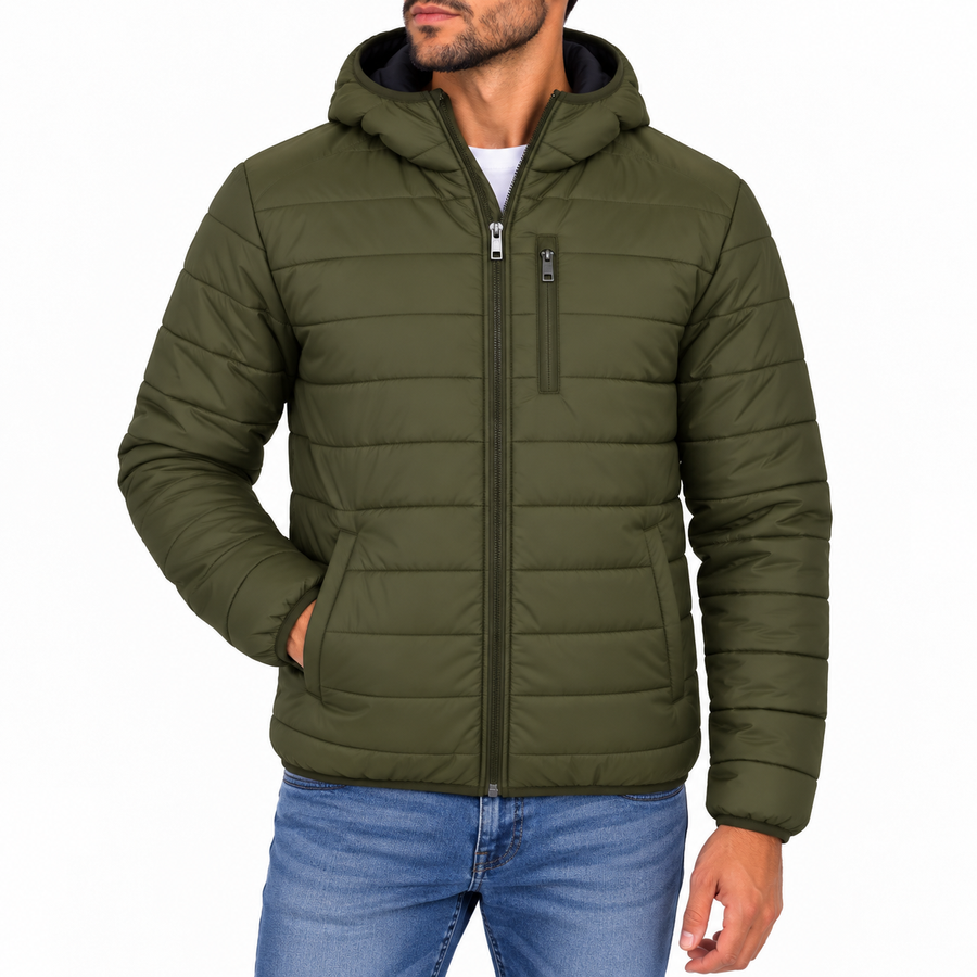 Men's Classic Sherpa Fleece Lined Hooded Puffer Jacket — Olive