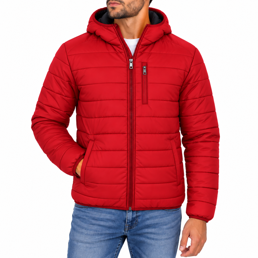 Men's Classic Sherpa Fleece Lined Hooded Puffer Jacket — Red