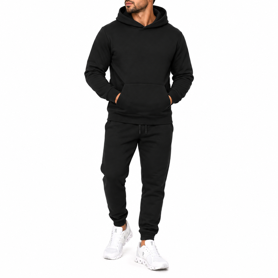 Men's Heavyweight Soft Fleece Cotton Blend Pullover Hoodie & Sweatpants Set — Black