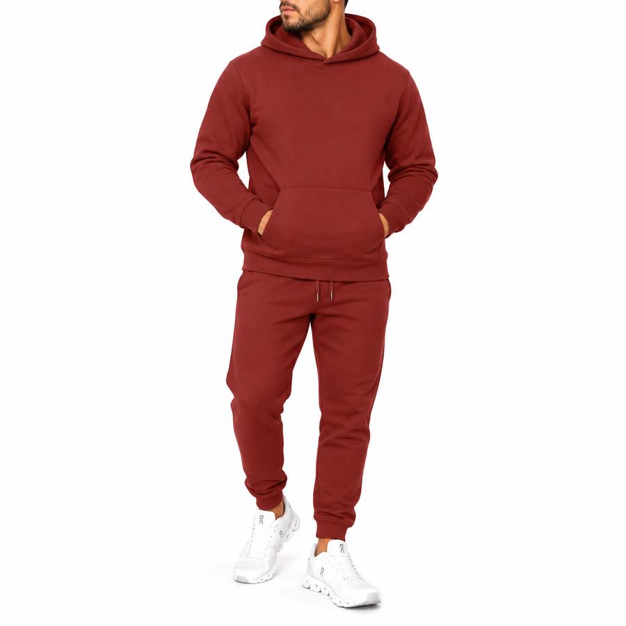 Men's Heavyweight Soft Fleece Cotton Blend Pullover Hoodie & Sweatpants Set — Brick Red