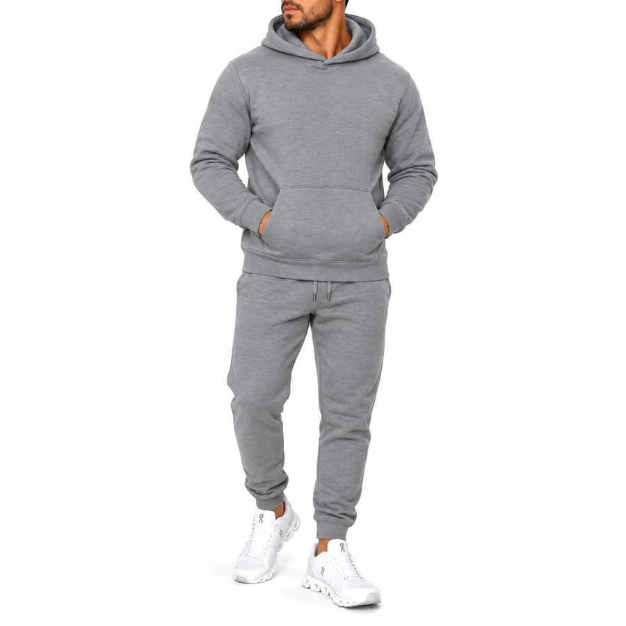 Men's Heavyweight Soft Fleece Cotton Blend Pullover Hoodie & Sweatpants Set — Heather Grey
