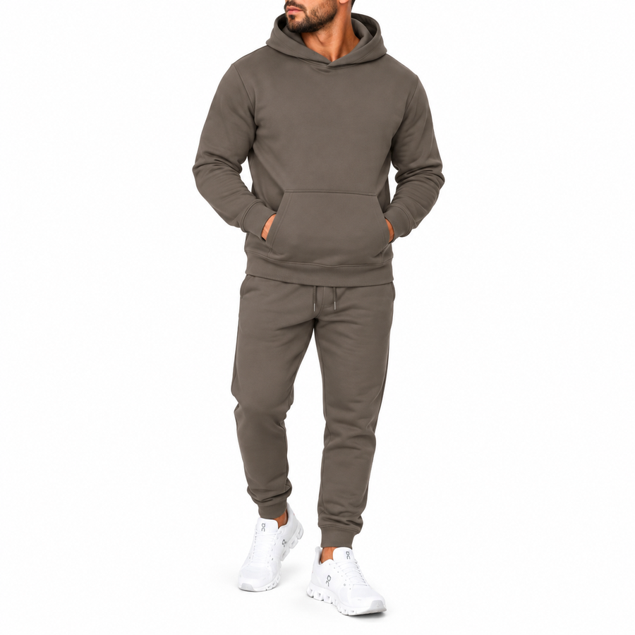 Men's Heavyweight Soft Fleece Cotton Blend Pullover Hoodie & Sweatpants Set — Khaki Brown