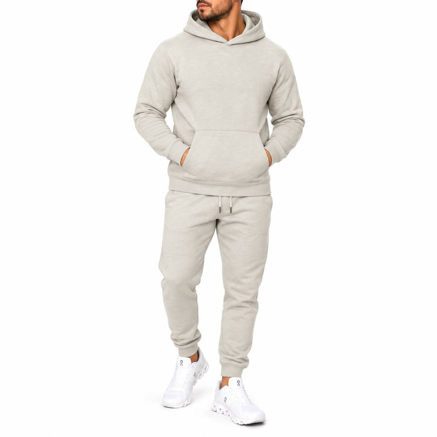 Men's Heavyweight Soft Fleece Cotton Blend Pullover Hoodie & Sweatpants Set — Light Oatmeal