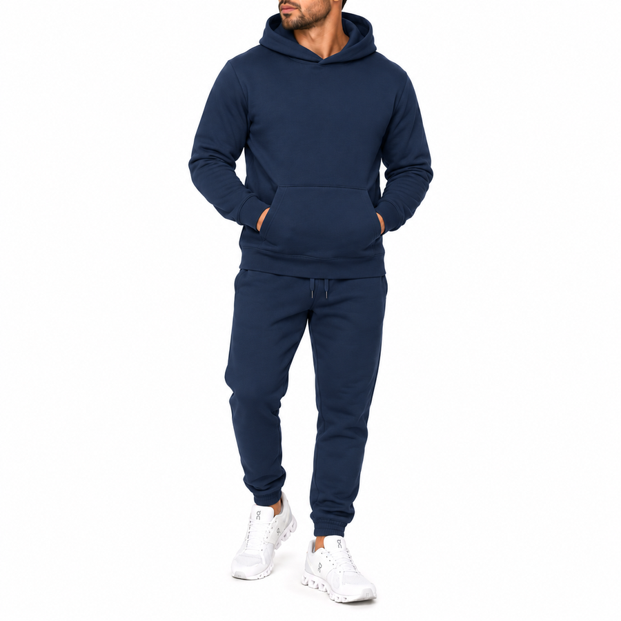 Men's Heavyweight Soft Fleece Cotton Blend Pullover Hoodie & Sweatpants Set — Navy