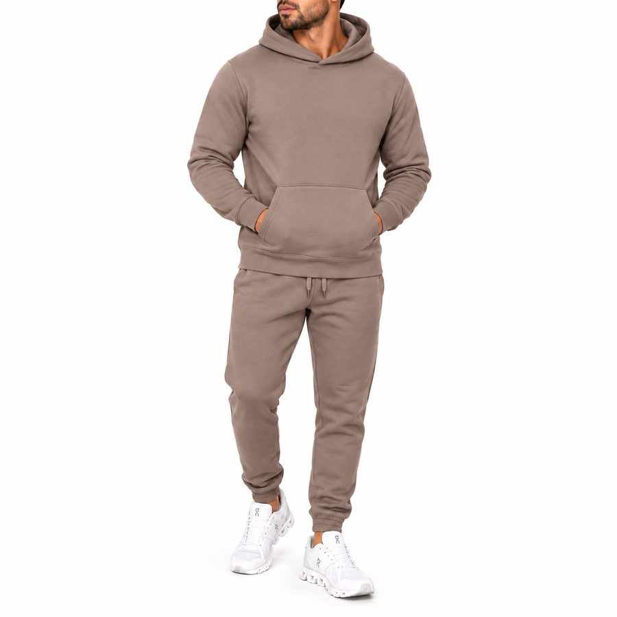 Men's Heavyweight Soft Fleece Cotton Blend Pullover Hoodie & Sweatpants Set — Taupe