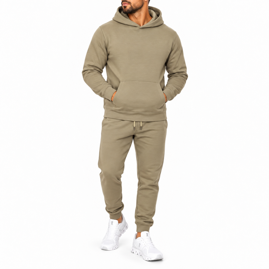 Men's Heavyweight Soft Fleece Cotton Blend Pullover Hoodie & Sweatpants Set — Olive Sand